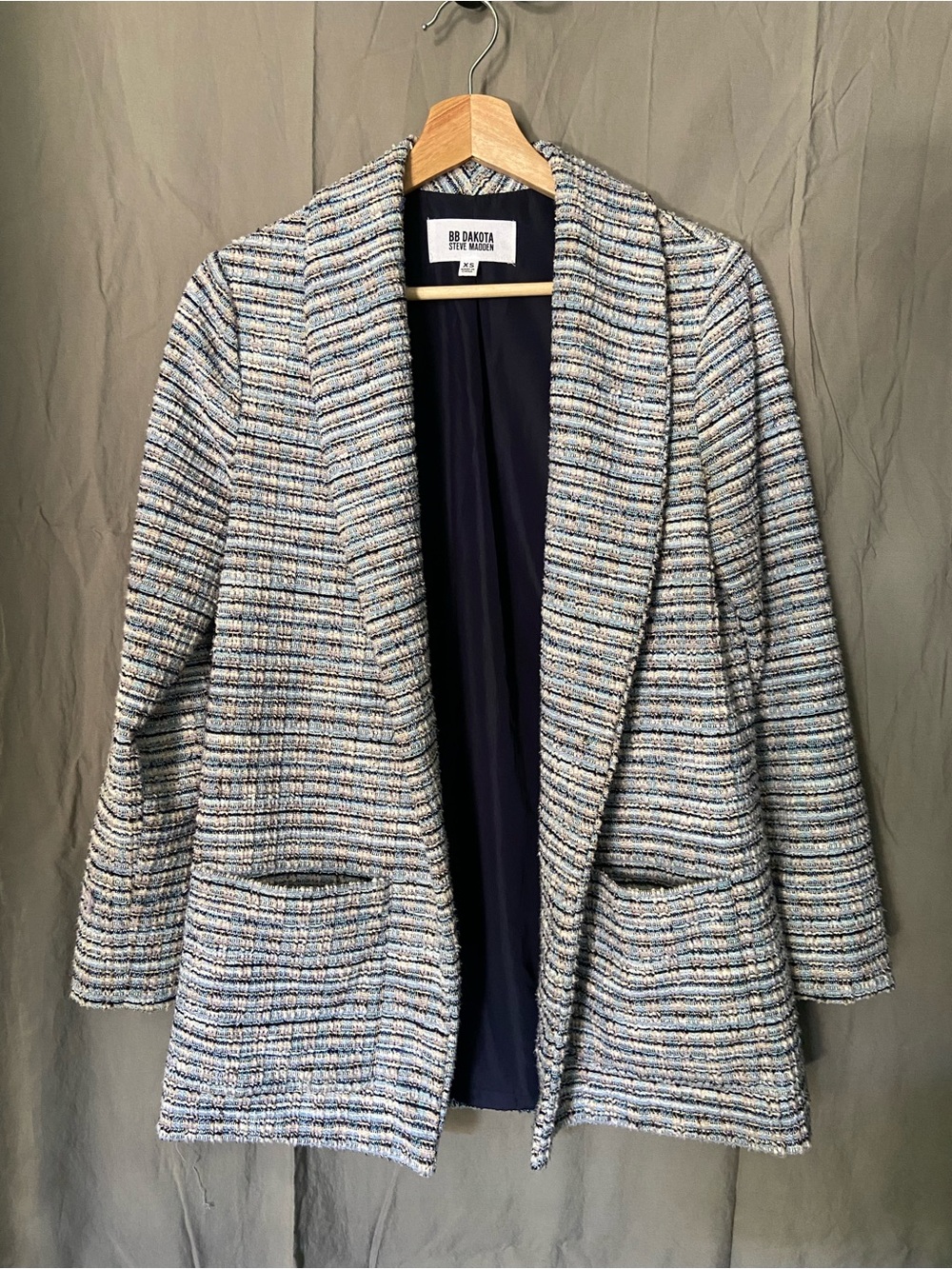 BB Dakota Tweed/Boucle Open-Front Blazer Jacket in Multi-Blue